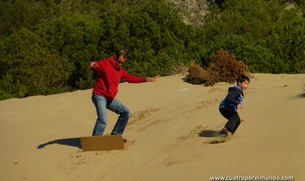 Probando el carton-surf sobre la duna